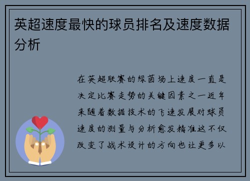 英超速度最快的球员排名及速度数据分析