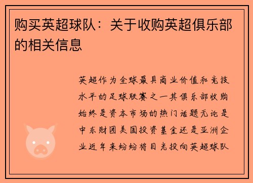 购买英超球队：关于收购英超俱乐部的相关信息